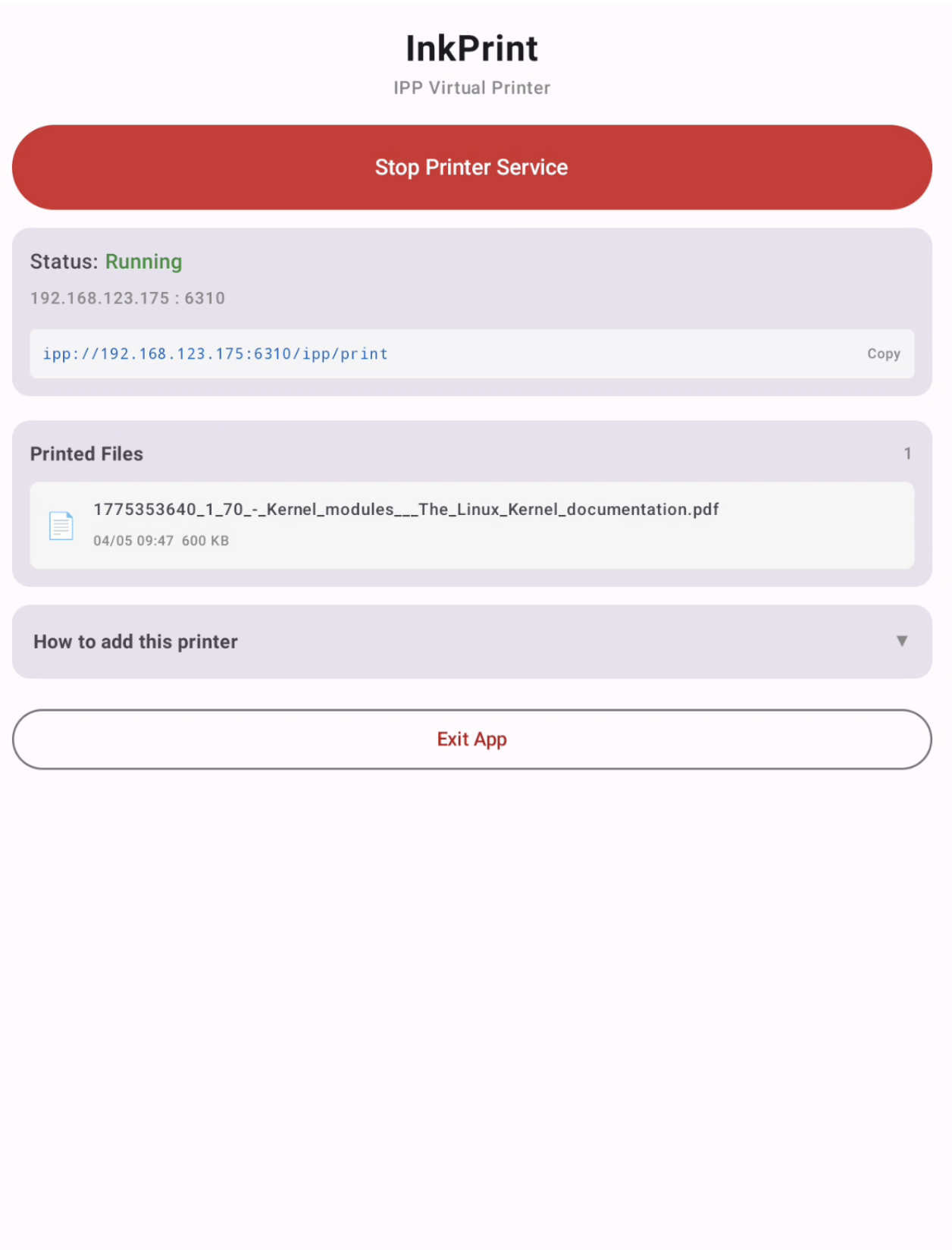 InkPrint Android app showing a received PDF file
