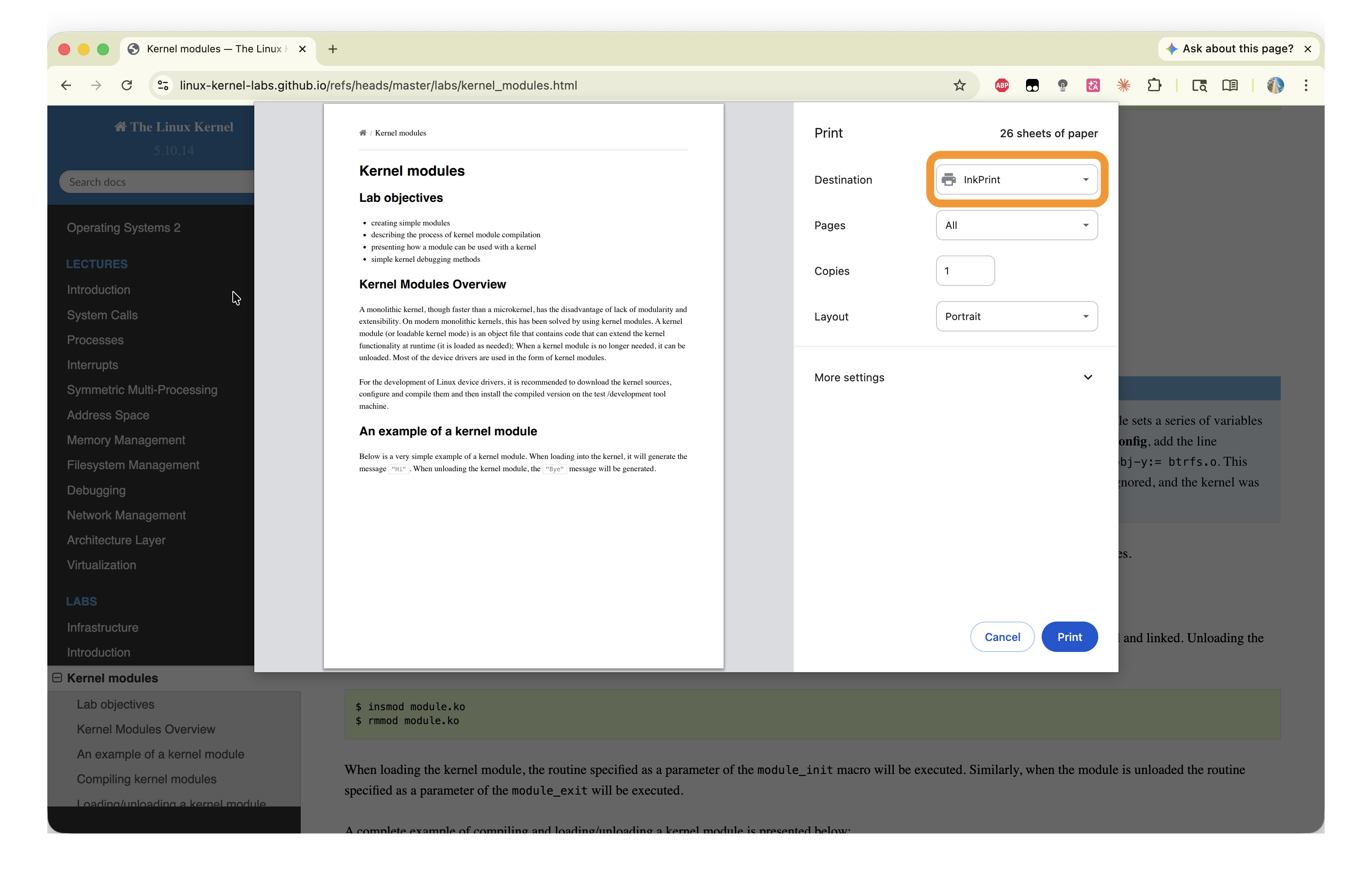 macOS print dialog showing InkPrint as a printer destination